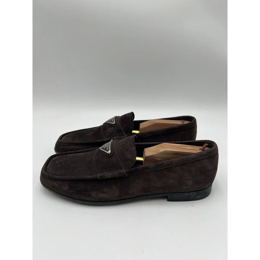 Men’s Prada chocolate brown suede slip-on driving loafers triangle logo 7UK - Picture 3 of 6